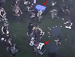 Weapons distributed from carts (arrows) and back-packs to rioters at firing range Weapons distributed from carts (arrows) and back-packs to rioters at firing range